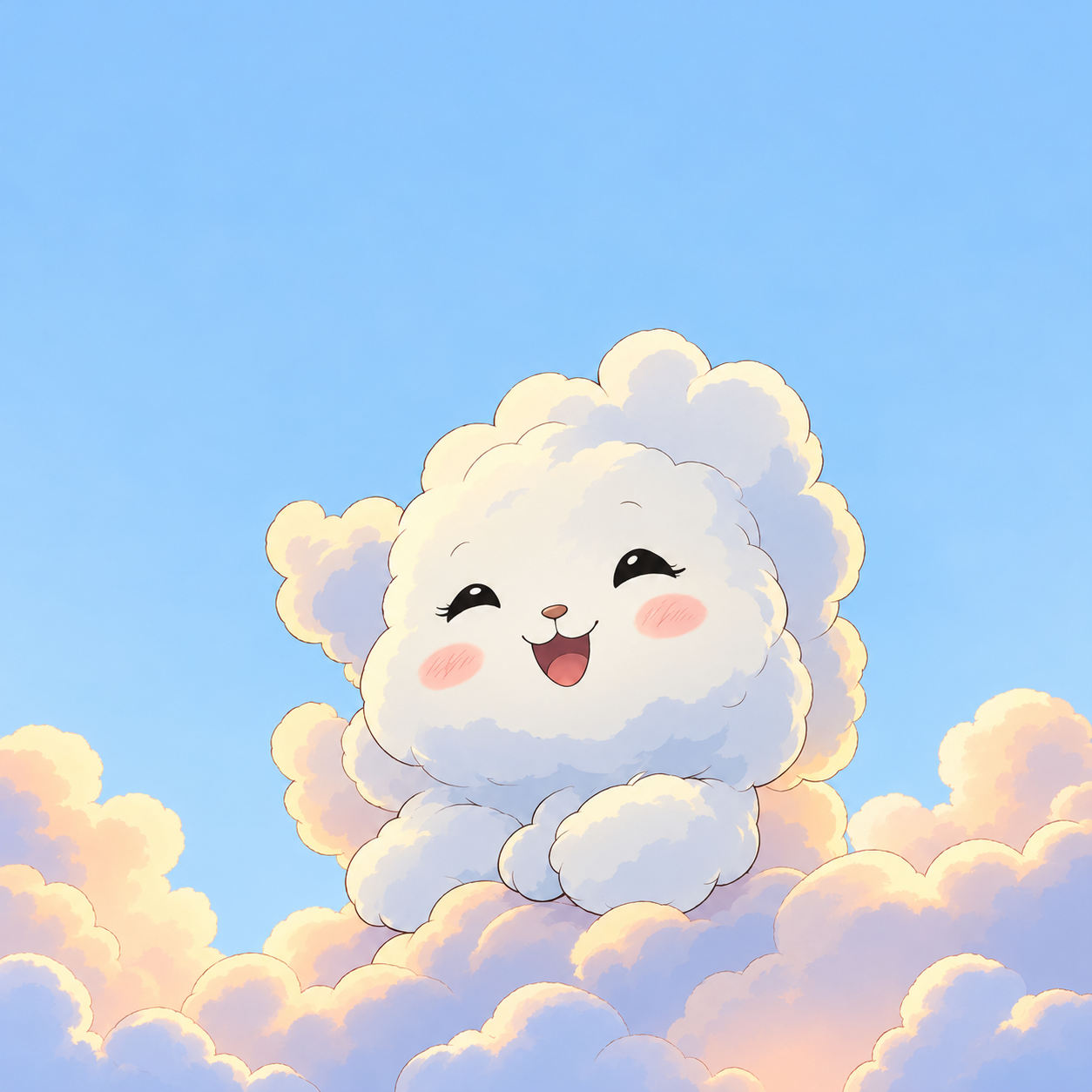 Smiling fluffy Cloudie among pastel sunset clouds